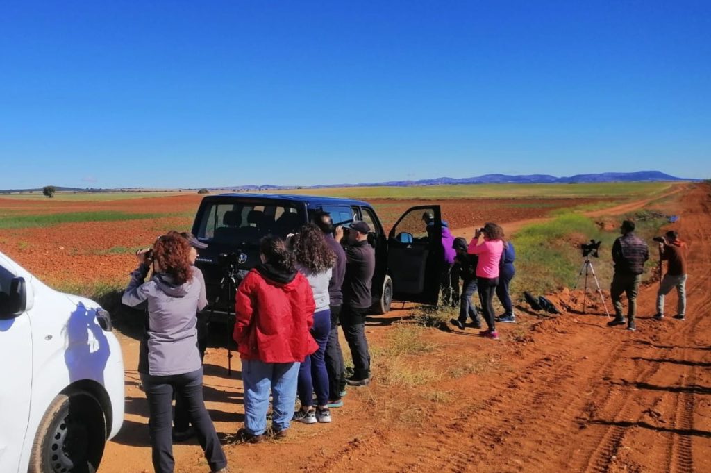 Grupo de turistas ornitológicos en el Área Esteparia de Este de Albacete